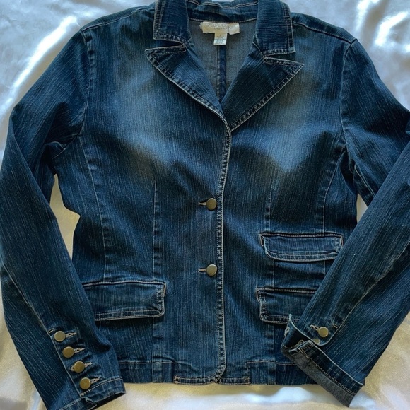 Casual Corner Denim Blazer Jean Jacket Dark Blue Stretch Notch Lapel Size 8 - Picture 5 of 11